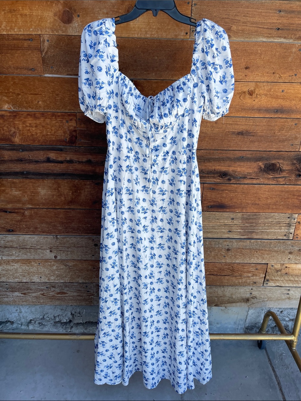 NWT Kutumai Blue White Floral Puff Sleeve Milkmaid Midi Dress Size Large